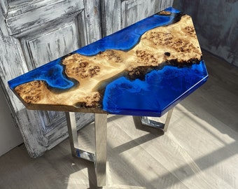 Mesa de centro triangular, mesa de resina epoxi de esquina, mesa epoxi, mesa moderna, mesa epoxi azul de borde vivo, mesa de sala de estar epoxi personalizada