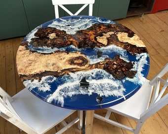 Custom Round Wooden Dining Table, Ocean Blue Wave Epoxy Round Table, Coastal Epoxy Table, Round Epoxy Table, Resin Art Table for Dining Room