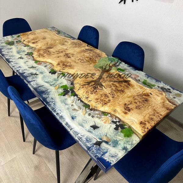 Table époxy mer, Table époxy en bois, Table en résine époxy avec éclairage fluorescent, Table en résine personnalisée, Table de cuisine, Meubles en époxy