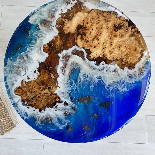 Resin Ocean Wave Coffee Table, 3d table, Living Room Table, Stingrays Design, Round Table, Epoxy Resin Table, Ocean Wave Resin Table