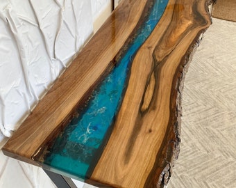 Epoxy Console Table Entryway, Live Edge Bar Table Top, Resin Wood Console Table with Black Metal Legs, Narrow Console Table, Hallway Table