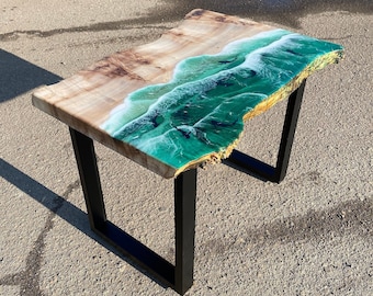 Tavolo in legno Live Edge, tavolo oceano epossidico verde blu, arte in resina epossidica, tavolo da pranzo personalizzato, tavolino in resina epossidica, tavolo da pranzo epossidico