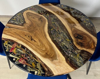 Mesa redonda de madera con flores, mesa de comedor de río epoxi, muebles hechos a mano, mesa de resina floral, mesa para comedor/cocina/sala de estar