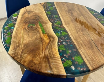 Customized Special Pebble Wood Round Table Handmade, Unique Dining Room Table, Living Room Table, Epoxy Resin Coffee Table Top, Resin Art