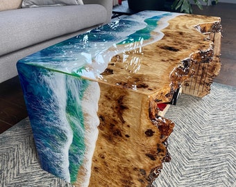 Moderner Tisch aus Epoxidharz, individueller Tisch aus Live-Edge-Holz, Wohnzimmertisch, handgefertigter Tisch aus Epoxidharz, Sofatisch aus Epoxidharz, Ocean Wave Epoxy