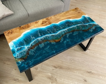 Personalized Ocean Resin Epoxy Table, Live Edge Ocean Epoxy Table, Ocean Style Epoxy Resin Table Top, Walnut Kitchen Dining Table