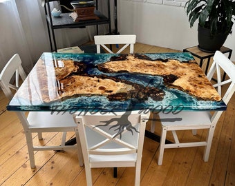 Dining Room Table, Custom Order Epoxy Resin Art Table, Blue Green Epoxy Tablee, Walnut Kitchen Table, Wood Epoxy Table, Handmade Epoxy Table