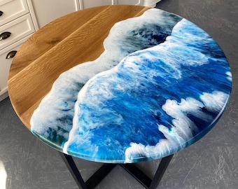 Mesa de resina epoxi Ocean Wave, mesa de comedor redonda personalizada, mesa epoxi de mar, mesa epoxi hecha a mano, mesa de comedor azul, mesa de resina de diseño