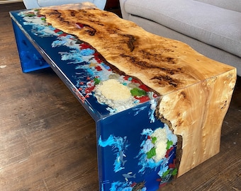 Koi Fish Epoxy Coffee Table, Ocean Aquarium Resin Table, Waterfall Wood Table, Designer Living Room Furniture, Custom Art Table for Home