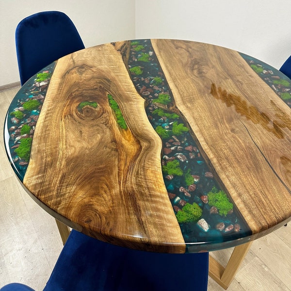 Customized Special Pebble Wood Round Table Handmade, Unique Dining Room Table, Living Room Table, Epoxy Resin Coffee Table Top, Resin Art