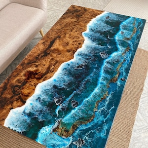 Epoxy Resin Dine Table, Ocean Wave Table, Ocean art, Resin art, beach wave, Sofa Table, Live edge table, Wood slab table, Ocean epoxy resin