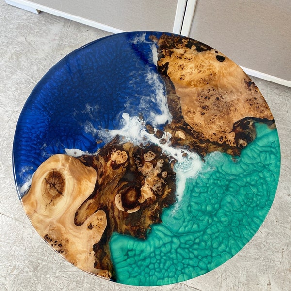 Epoxy Resin Ocean Round Table, Live Edge Coffee Table, Handmade Table, Resin Dining Table, Epoxy Dine Table, Green and Blue Epoxy Table