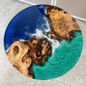 Epoxy resin ocean wave table, Round coffee table, Handmade side custom table, Green and blue epoxy table, House warming gift
