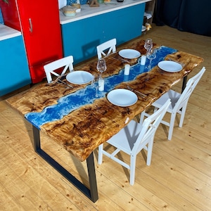 Mesa de comedor Blue River, escritorio de borde natural, mesa central de cocina, mesa de centro de madera de resina, mesa de madera natural, muebles nuevos para el hogar