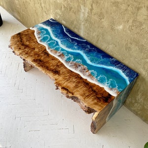 Ocean wave resin table, Beach table, Customized decor, Wooden table, Blue epoxy table, Housewarming gift, Sofa table, Wooden furniture