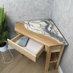 Epoxy River Corner Console Table with Drawer, Solid Wood Small Desk, Handmade Entryway or Home Office Furniture, Space-Saving Workstation