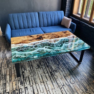 Epoxidharz-Tisch, auf Bestellung gefertigter Tisch, benutzerdefinierter Esstisch, Ocean Design, Holz-Epoxid-Kunsttisch, Kaffeetisch, Harztisch, Live Edge Schreibtisch
