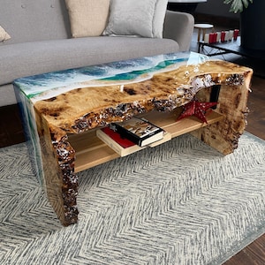 Live Edge Accent Table with Shelf, Center Living Room Table, Ocean Epoxy Table, Resin Coffee Table, Waterfall Side Table, Coastal Furniture