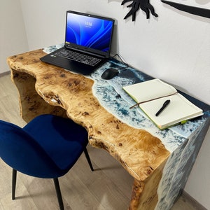 Live Edge Wood Desk, Rustic Computer Table, Home Office Workstation, Custom Waterfall Table, Modern Ocean Epoxy Furniture for Kids & Adults