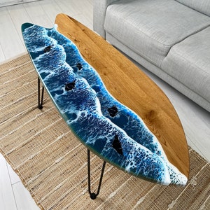 Surfboard Coffee Table, Surf Table, Wood Resin Coffee Table, Coastal Living Room Table, Ocean Wave Side Table, Glow Surfboard Wall Decor