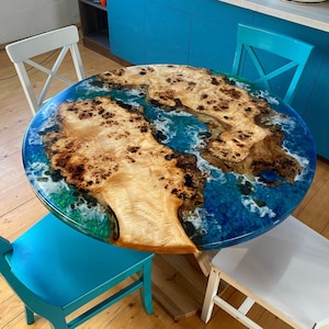Ocean Epoxy Resin Kitchen Table, Round Dinning Table, River Blue Wooden ...