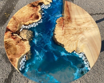 Round Epoxy River Table with Slab Wood, Custom Wooden Coffee Table, Small Side Table in Coastal Style, Round Dine Table, Blue Resin Art Desk