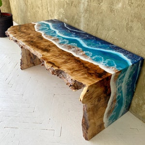 Ocean Wave Table, Waterfall Live Edge Dining Table, Reclaimed Wood Table, Farmhouse Dining Table, Ocean Table, Entryway Table image 2
