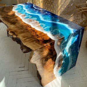 Ocean epoxy resin table, Live edge table, Wooden Coffee Table, Solid Wood Desk, Beach house furniture, Sofa Side Table, Waterfall Table