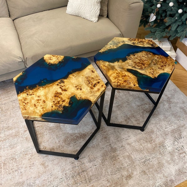 Hexagon Epoxy Wood Coffee Table Rustic, Epoxy Resin River table, Handcrafted Epoxy Nightstand, Bedroom, Living Room Decor, Center Table