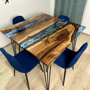 Square Wood Dining Room Table, River Epoxy Resin Table, Dimensional Dining Table, Walnut Dine Table, Modern Dining Table, Farmhouse Desk