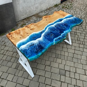 Slab Wood Table in Coastal Style, Live Edge Dining Table, Blue Ocean Resin Table, Natural Edge End Table, Walnut Kitchen Table, Custom Size