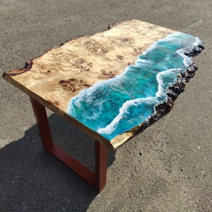 Natural Live Edge Table, Epoxy Resin Ocean Wave Table, Coastal Coffee Table, Burl Wood Side Table, Wood End Table, Handmade Resin Furniture