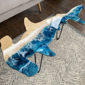 Hammerhead Fish Table, Ocean Coffee Table, Custom Ocean Table, Epoxy Resin Living Room Table, Resin Live Edge Table, Blue Wave Bar Table