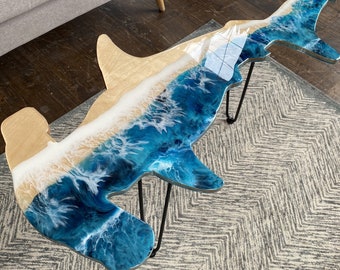 Contermoporary Hammerhead Shark Table, Walnut Ocean Resin Coffee Table
