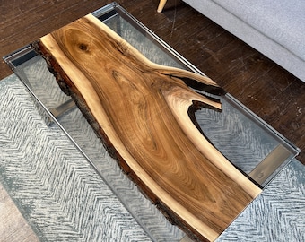 Clear Epoxy Coffee Table with Live Edge Wood Slab, Handmade Modern Resin Table, Loft Living Room Furniture, Custom Wood Coffee Table