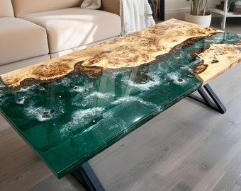 May include: A rectangular coffee table with a unique design. The table features a wooden top with a natural burl wood pattern and a deep green epoxy resin river. The table is supported by black metal legs.