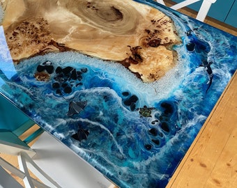 Mesa de resina epoxi estilo océano, mesa de comedor oceánica de resina personalizada, mesa de madera, mesa epoxi de borde vivo para sala de estar, mesa hecha a mano