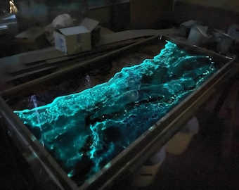 Epoxy Resin Table + Fluorescent, Glow Epoxy Resin Table, Custom Dining Table, Ocean Wave Dine Table, Handmade Resin Art Table, Special Table