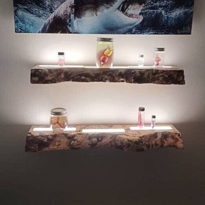 Wood Epoxy Shelves with Light, Reclaimed Wood Shelf, Living Room Shelves, Kitchen Shelf, Rustic Wooden Shelves, Floating Shelf, Chunky Shelf