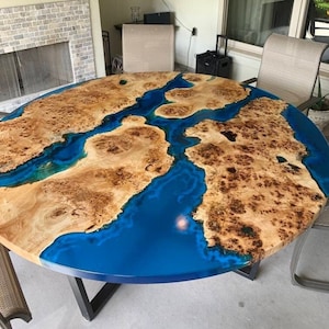 Round Epoxy Dining Table, Large Resin and Wood Table, Custom Live Edge Statement Furniture, Natural Wood River Table