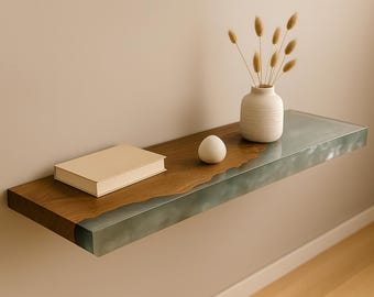 Silver Epoxy Floating Shelf Wood, Minimalist Wall Mounted Shelf, Loft Modern Decor, Scandinavian Furniture, Epoxy Resin River Shelf