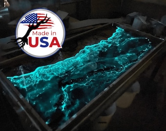 Ocean Wave Epoxy Dining Table, Glow Resin River Table, Coastal Beach House Furniture, Handmade Wood Epoxy Statement Table, Custom Furniture
