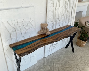 Mesa consola de entrada de epoxi, mesa de bar con tablero de madera natural, mesa consola estrecha, mesa de pasillo para el hogar