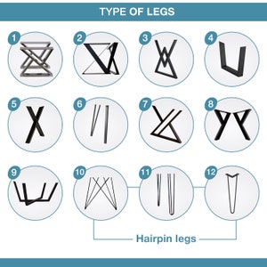 May include: Diagram showing 12 different types of table legs, labeled with numbers 1 through 12. The last row of legs are labeled "Hairpin legs".