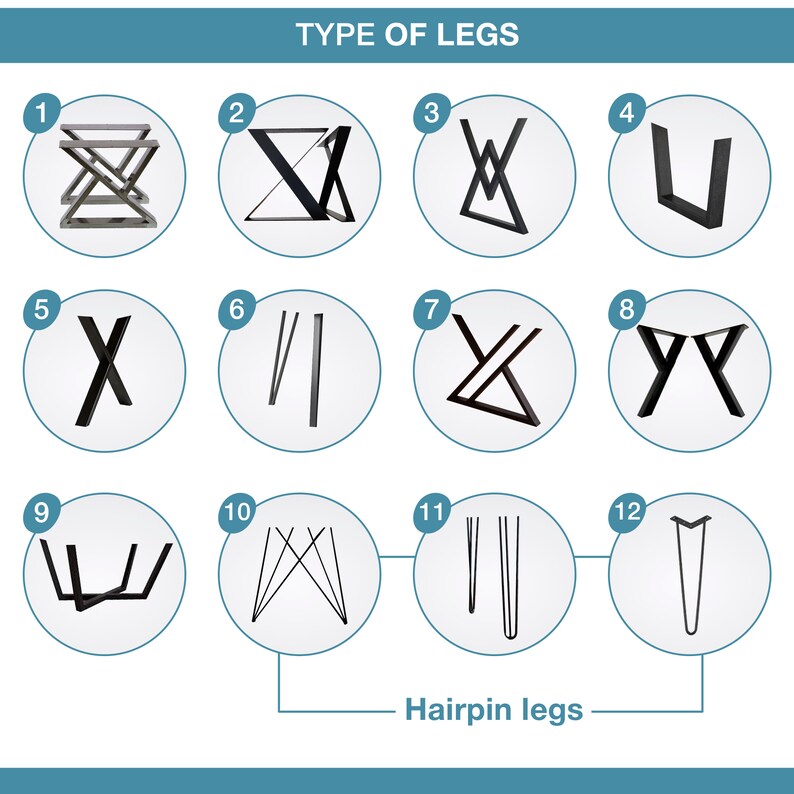 May include: Diagram showing 12 different types of table legs, labeled with numbers 1 through 12. The last row of legs are labeled "Hairpin legs".