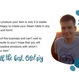 May include: A man smiles at the camera in front of a sunset backdrop. The text "THUNDER WOOD" is in the upper right corner of the image. The text below the man's image reads: "The time to produce your item is only 2-3 weeks. We will be happy to create your dream table in any size, color, and form! "I am fond of this business and can't wait to send the results to you! I hope that you will get all the positive emotions with which I created your item." All the best, Oleksiy"