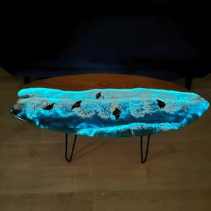 Glow in the Dark Surfboard Table, Epoxy Board Table, Beach Coffee Table, Coastal Furniture for Living Room, Resin Wood Side Table, End Table