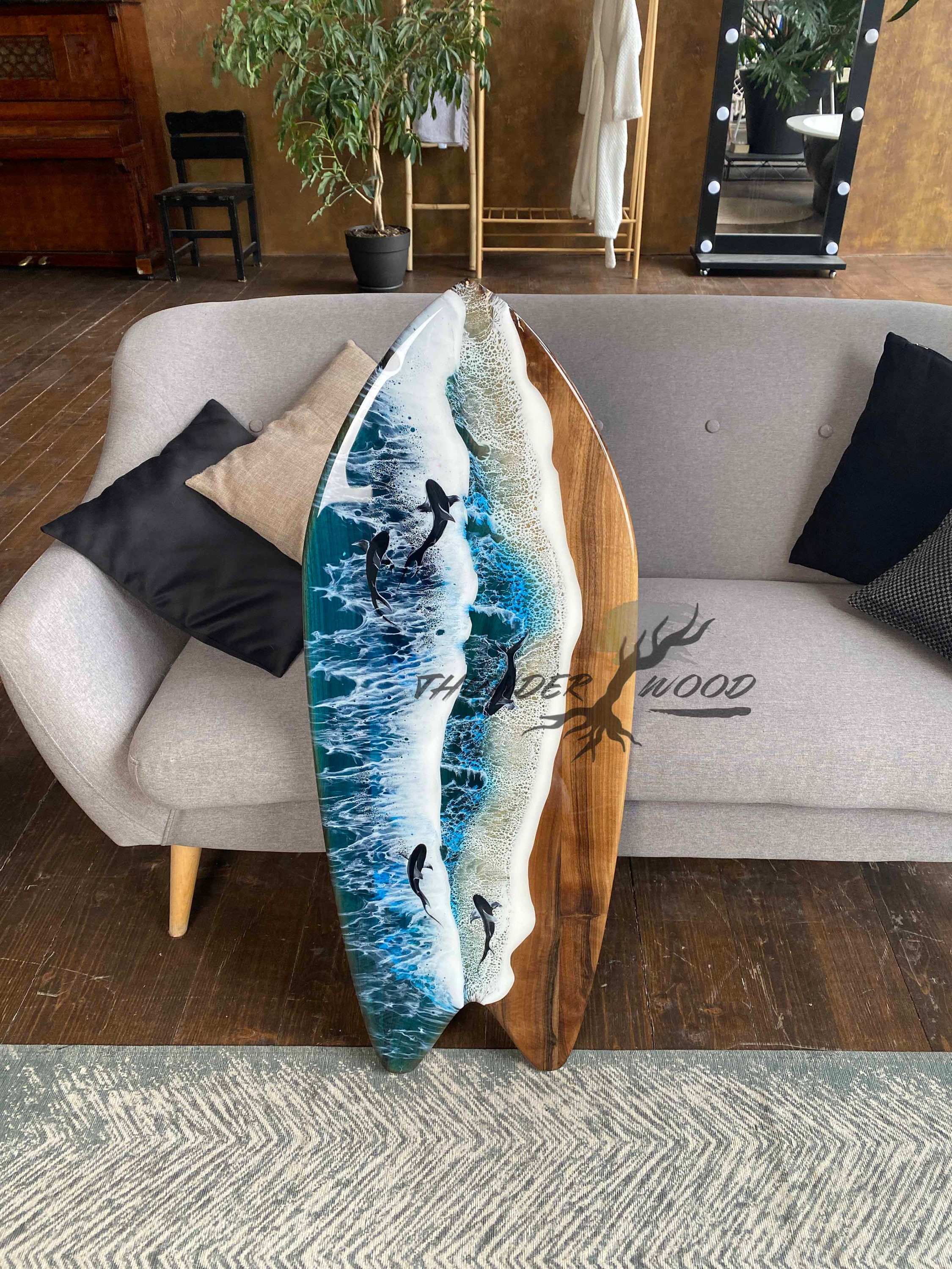 Epoxy Resin Surfboard Coffee Table, Ocean Wave Wood Accent Table