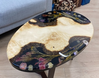 Tavolino da caffè in resina epossidica con fiori, tavolino da caffè in resina nera con fiori veri, tavolino da caffè ovale in legno, tavolino da soggiorno unico