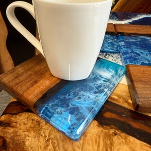 Blue Epoxy Resin Coaster Set of 2/3/4/6/8/10, Epoxy Live Edge Coasters, Epoxy Wood Coaster, Tea Coasters, Coffee Table Decor, Coastal Decor